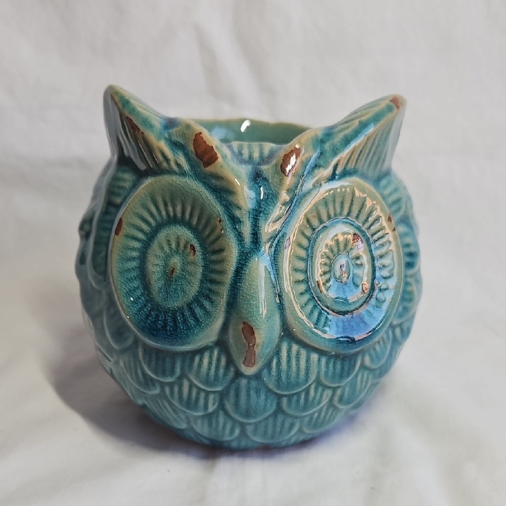 Ceramic Owl Sculpture in Turquoise, Teal Light Holder.